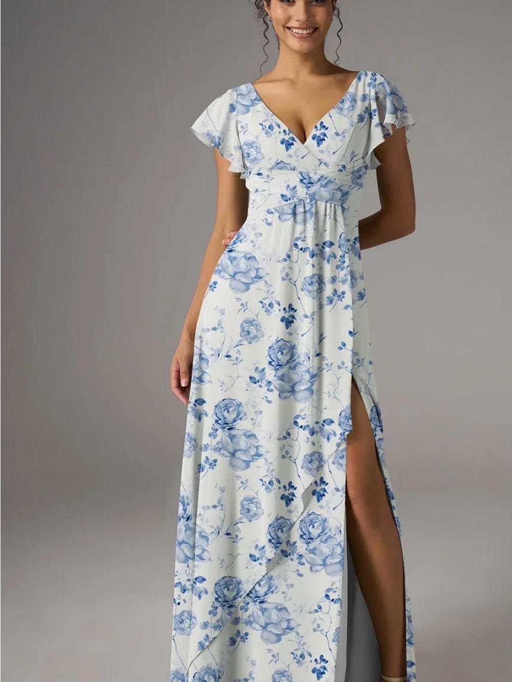 AW Bridal Blue Botanical FloralDress Gown Chiffon Side Slit Size 10 Boho Garden